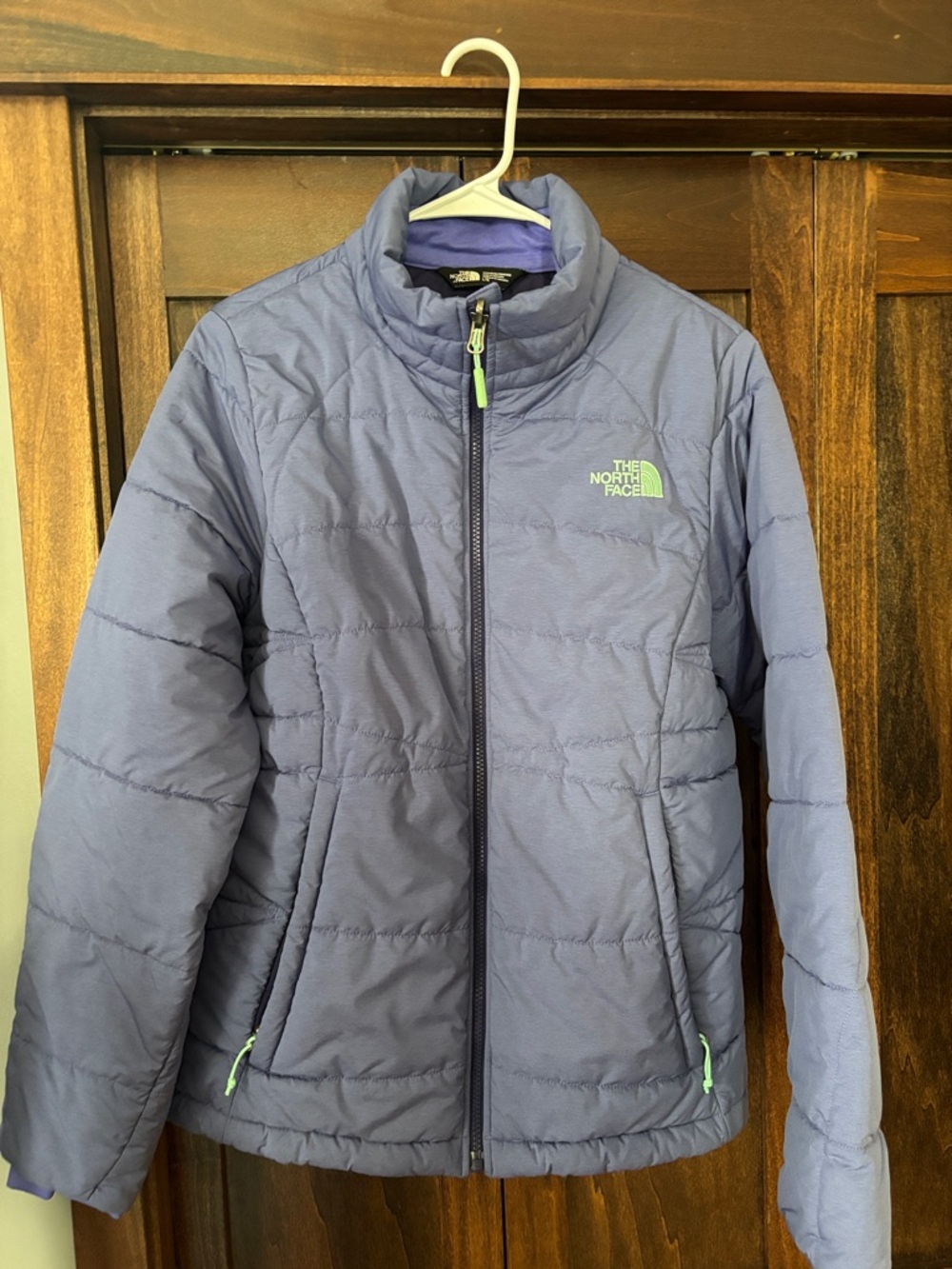 The North Face Lavender Quilted Puffer Jacket with Aqua Logo